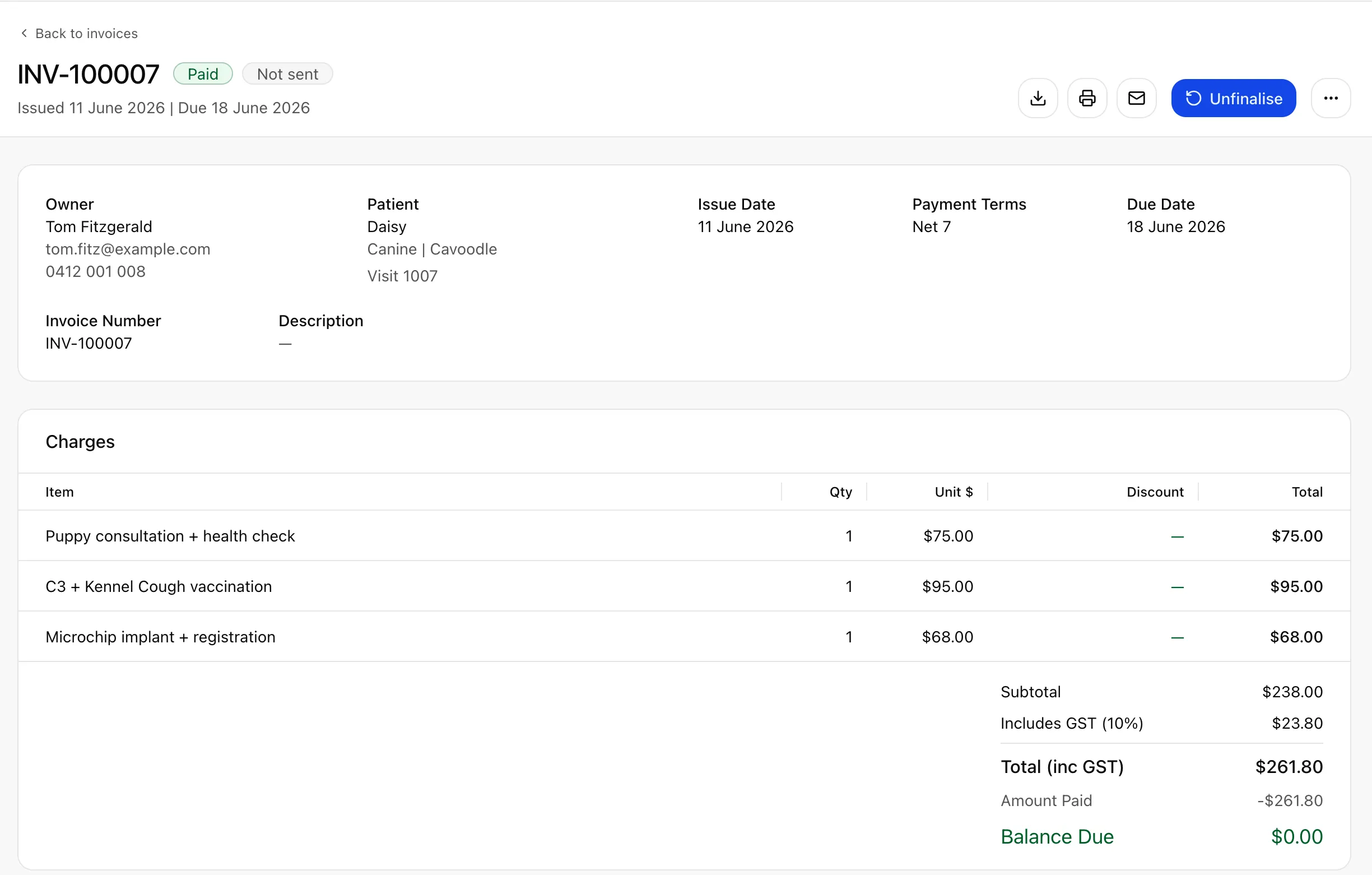 Wattle Clinic invoice with line items and GST