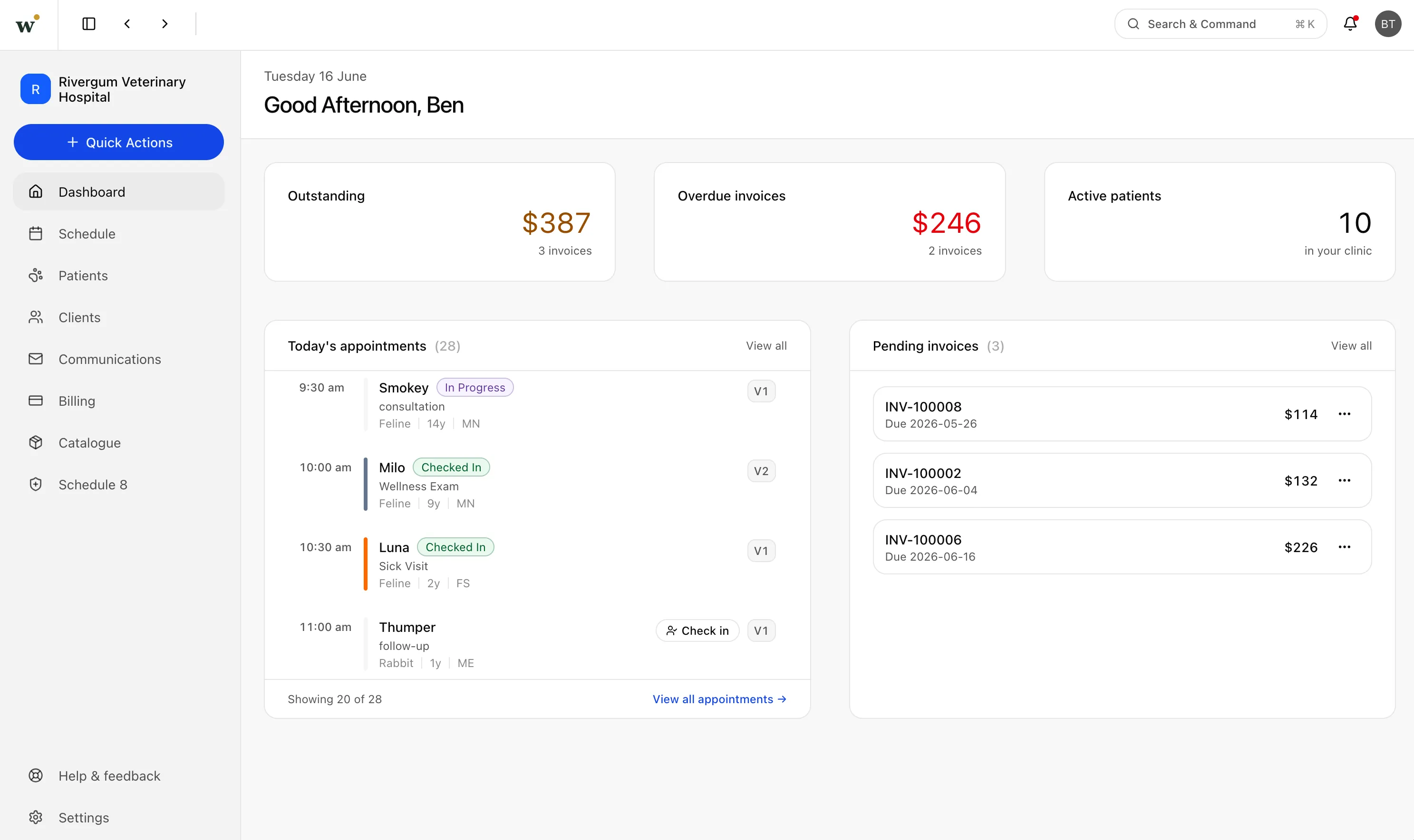 Wattle Clinic dashboard: today's appointments, outstanding balances and pending invoices